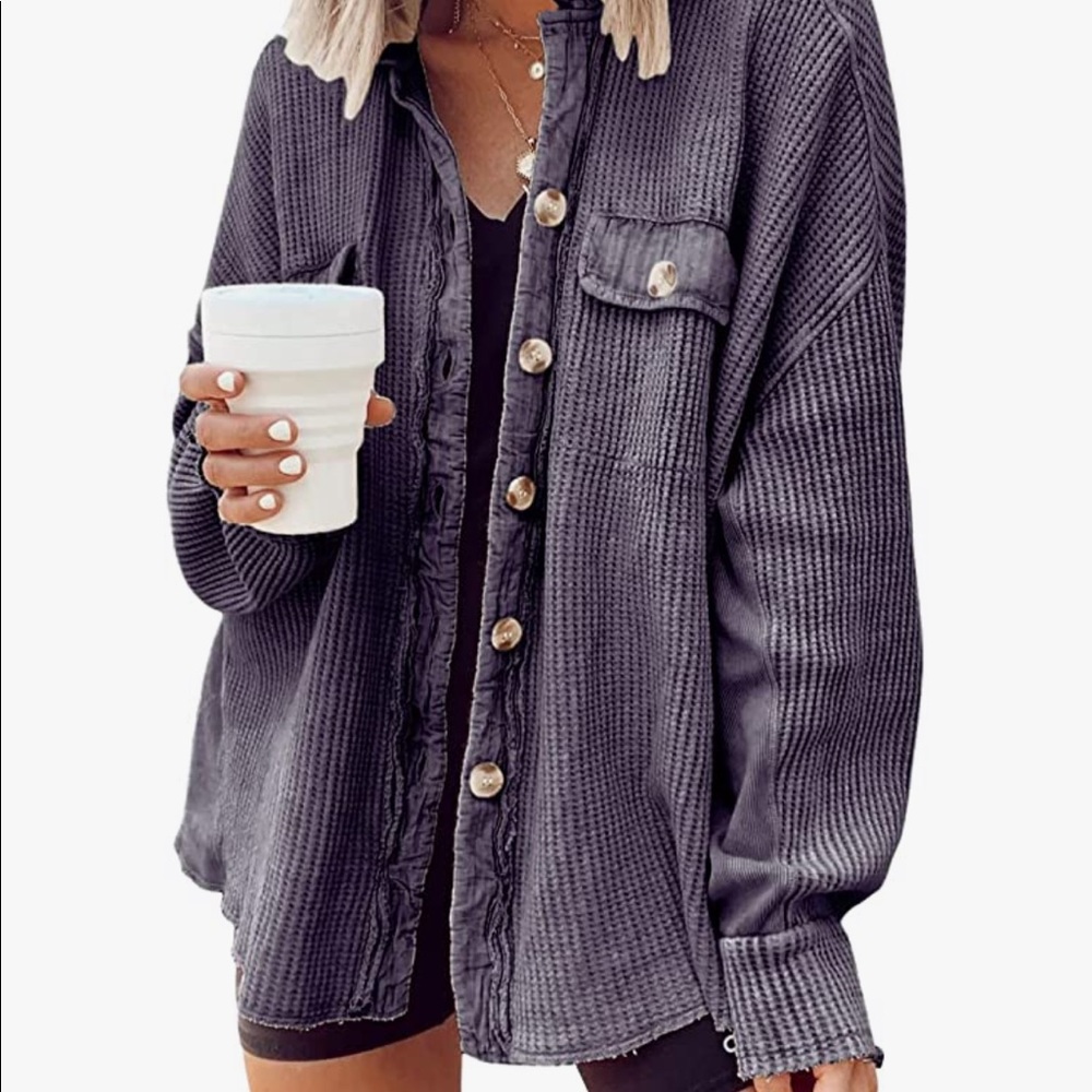 Loose Fit Batwing Sleeve Waffle Knit Shirt Shacket - Picture 1 of 3